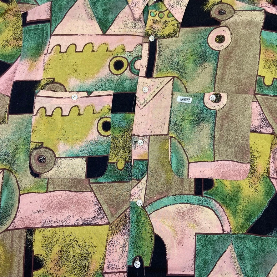 VINTAGE GUESS Shirt Mens Medium Green Black Abstract Colorblock Hawaiian Aloha * - Изображение 4 из 4