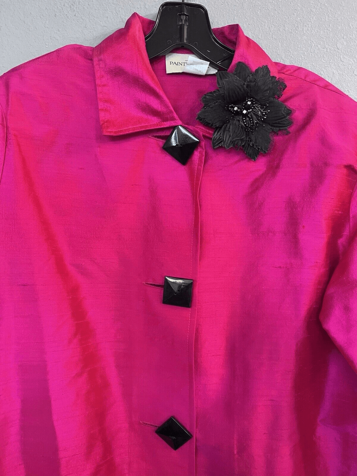 Giacca pony vintage dipinta donna media rosa caldo lucido 100% seta carriera artistica