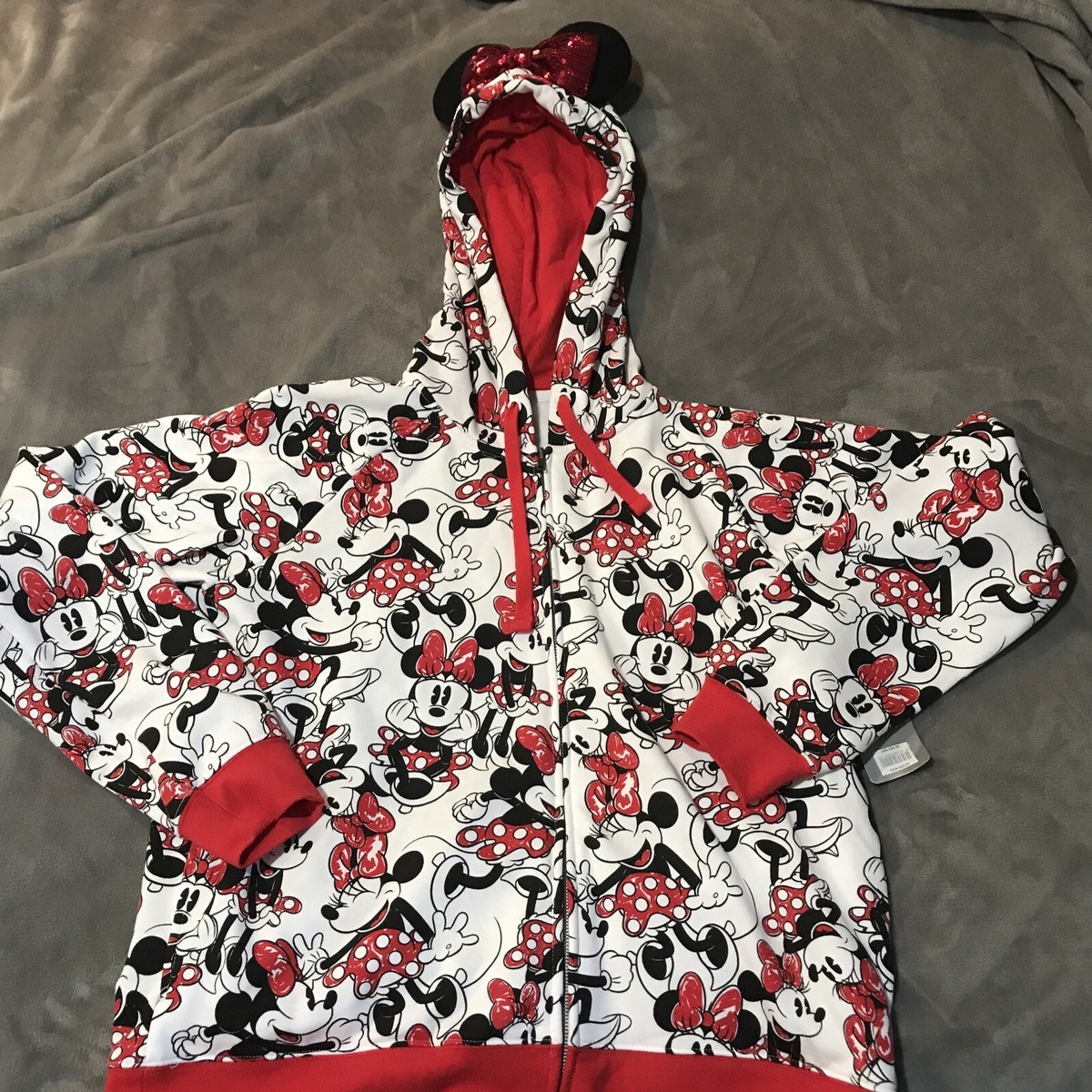 Disney Minnie Mouse Zip Up Hoodie White Red Polka Dot Bows Sequin