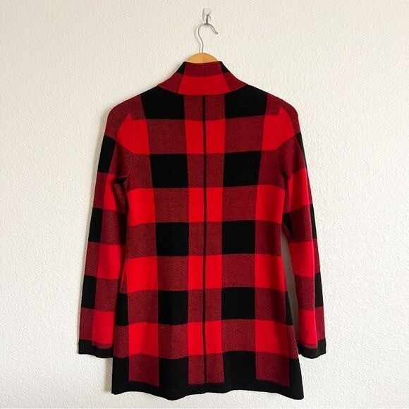 Adrienne Vittadini Red Buffalo Plaid Zip Up Fitted Sweater Jacket