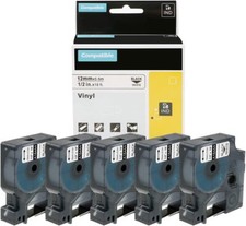 5PK Vinyl Label Tape 18444 12mm Black / White for DYMO RHINO 3000 4200 5200 6000
