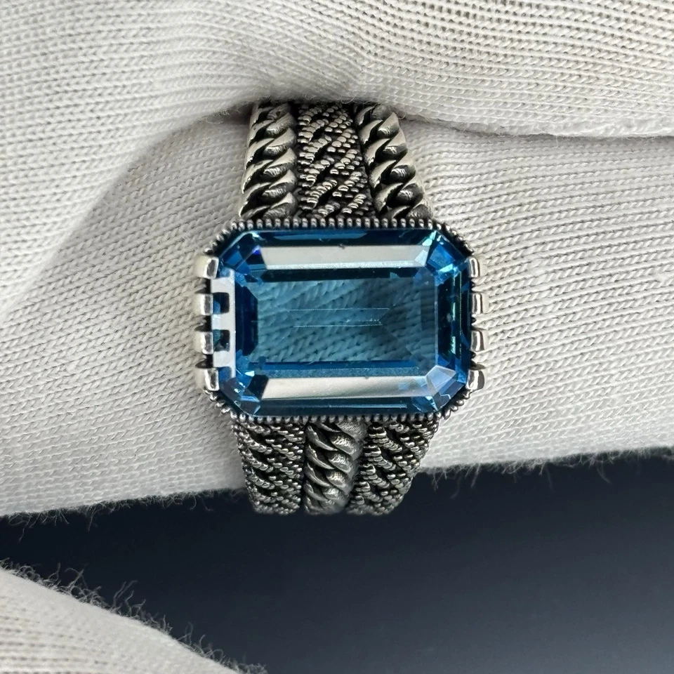 Мужское кольцо-цепочка ручной работы из стерлингового серебра 925 пробы с аквамарином турецкий дизайн синее - Изображение 2 из 4