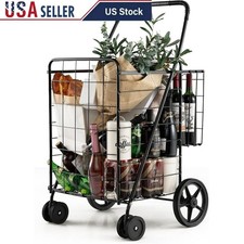 Foldable Shopping Cart Utility Cart Durable Metal W/ 4 Wheels Large Cargo Area