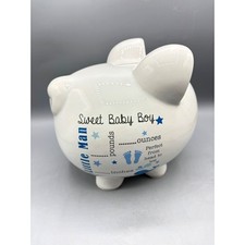 Sweet Baby Boy Ceramic Piggy Bank White Blue Stars Whale Birth Record Keepsake