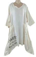 Match Point Linen Dress LARGE Cream 3/4 Sleeve Asymmetric Lagenlook Paris Print