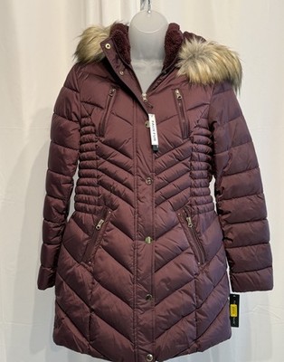 NWT Preston and York Womens M Burgundy Long Puffer Removable Faux Fur Trim Hood