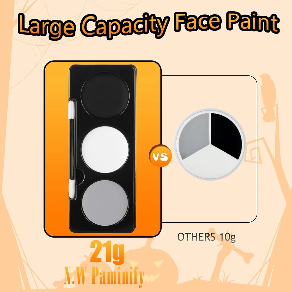 Pintura facial negra blanca gris claro + 3 piezas esponja + cepillo, 3 colores gris pintura corporal Foto 2 de 4