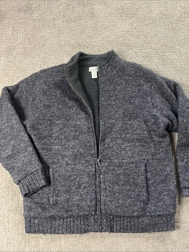 L L Bean Wool Knit Sweater Full Zip Jacket Vintage Size L-Reg Drk Grey