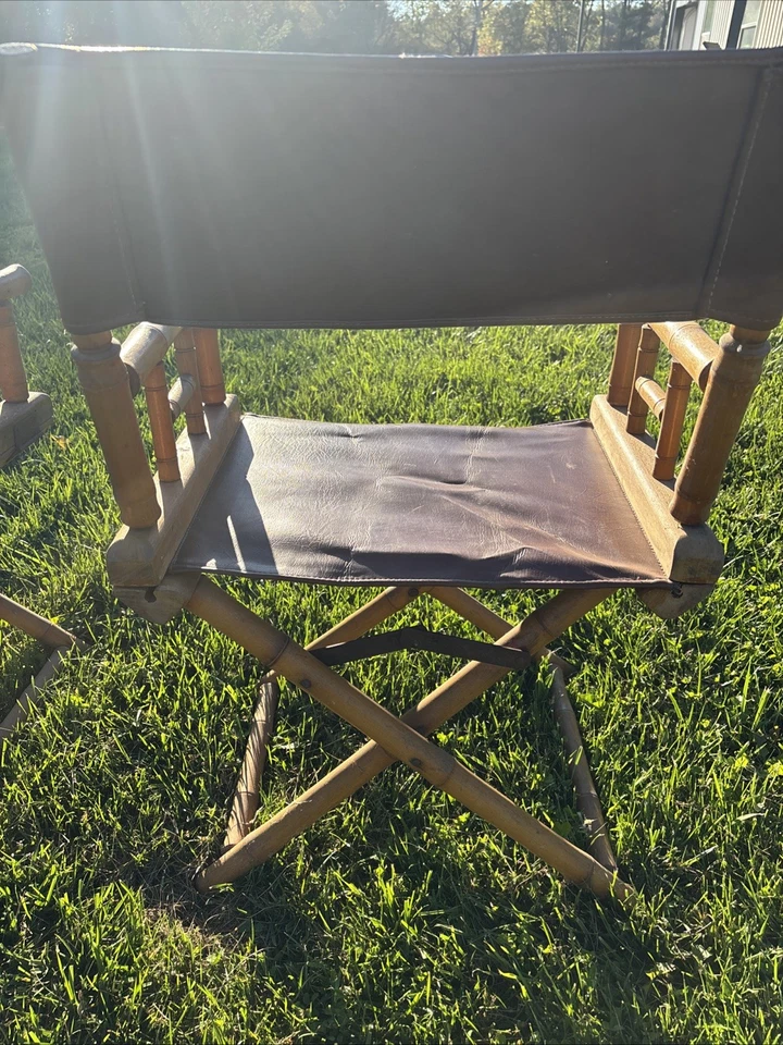 Um par de cadeiras de diretor vintage de couro e bambu Telescope - Imagem 4 de 4