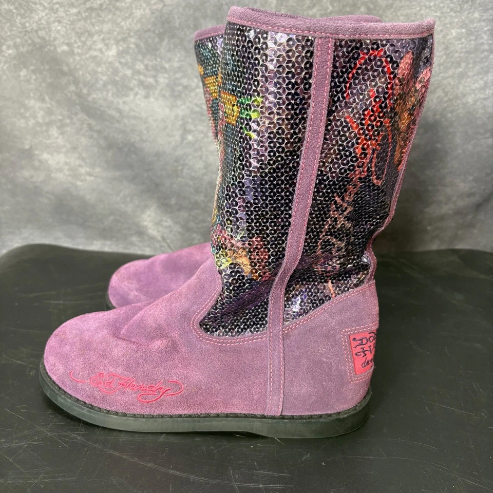 Ed Hardy Purple Suede Sequin Geisha Boots Women's Size 7 Y2K Faux Fur Lined - Image 4 of 4