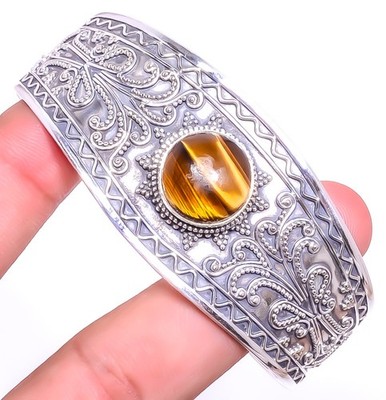 Yellow Tiger Eye  Gemstone 925 Sterling Silver Handmade Cuff Adst. C66