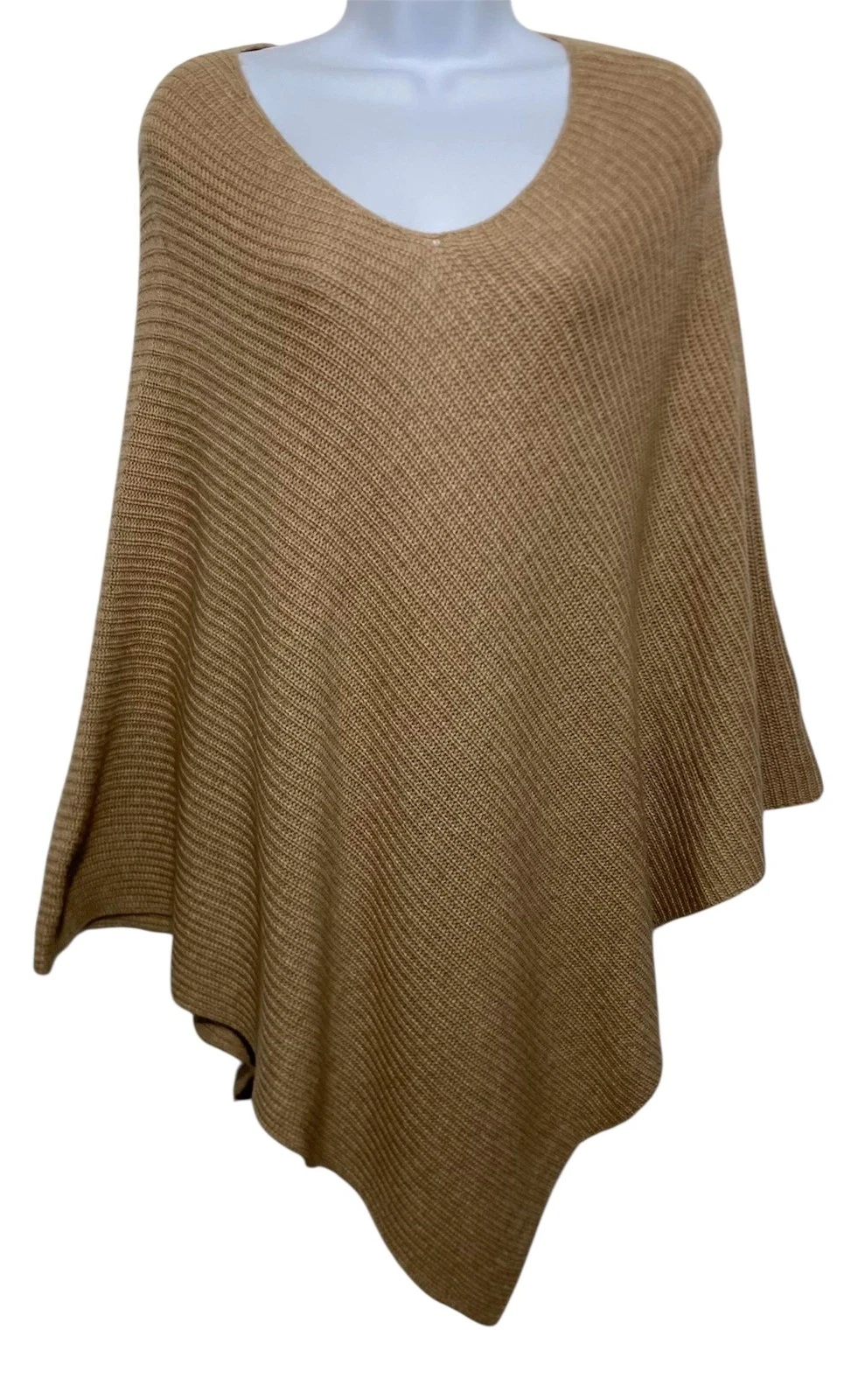 Joie Poncho Womens XXS/S Camel Tan Wool Cashmere Ribbed Knit V Neck Asymmetrical
