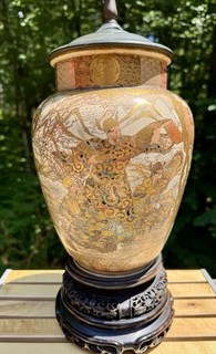 Antique Japanese Meiji Period Satsuma Vase Lamp Of Emperor & Monks Gold Gilded