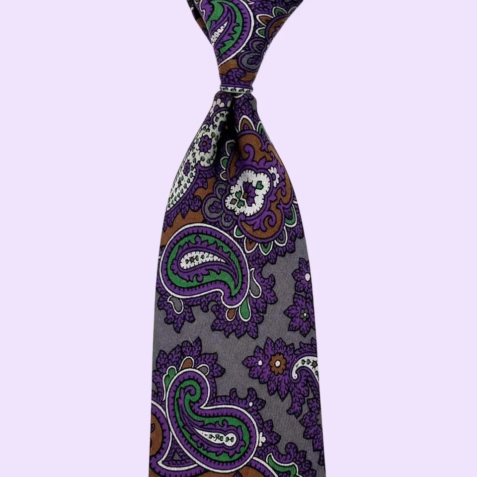 Corbata Gris Tino Cosma - Corbata Italia Seda Verde Morado Marrón Paisley Patrón Floral Foto 3 de 4