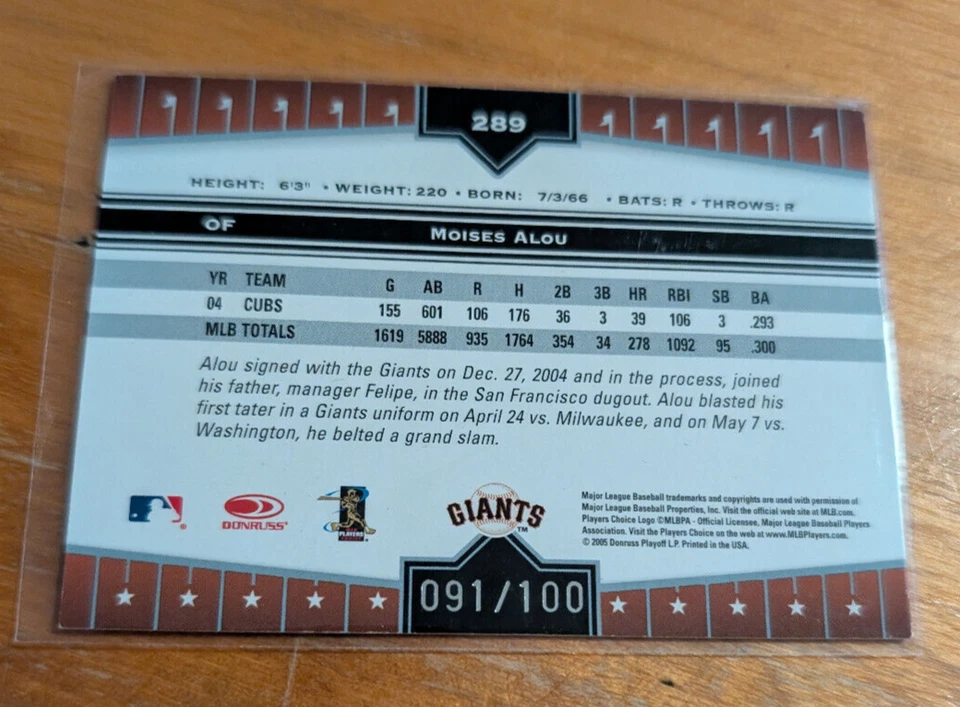 2005 Donruss Champions Impressions Blue #289 Moises Alou/100 Giants - Image 2 of 2
