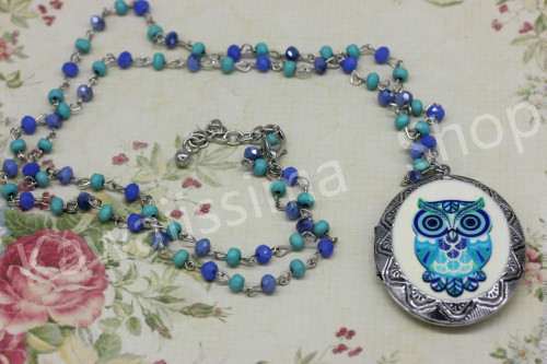 Collana lunga con perline a rosario colori a scelta ciondolo portafoto con gufo - Picture 2 of 5