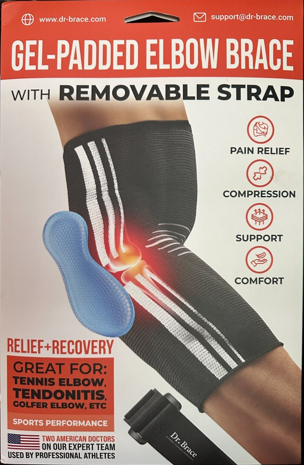 Dr. Brace Gel Padded Elbow Brace W/Removable Strap Compression Pain Relief Large