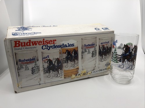 Neu Vintage 8 Stück Indiana Glas Budweiser Clydesdales Gläser Winter Schnee USA - Bild 2 von 12