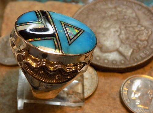 Sterling Turquoise Multi Stone Inlay Navajo Mens Ring Alfred Tsosie Size 9 1/2 - Picture 6 of 8