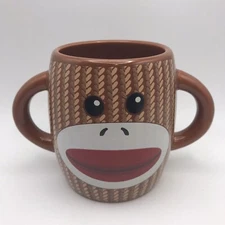 Galerie Double Handle Sock Monkey Ceramic Coffee Tea Cocoa Mug Cup 