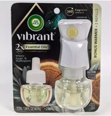 Air Wick Vibrant White Sage & Mahogany Scented Oil Plug In Warmer + 2 Refills