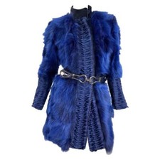 Versace Runway Blue Fox Fur Silk Coat Jacket With Belt Italian 40