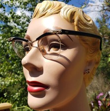 Vtg Glasses B L Bausch Laum Cat Eye Black Frame Horn Rim Rhinestone Gold Filled