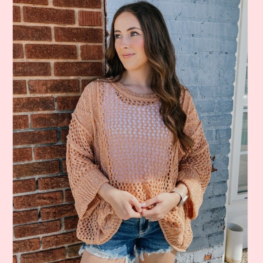 POL Sweater Women's Crochet Open Knit Oversized Chest Pocket Peach