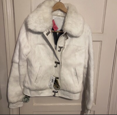 VINTAGE JUICY COUTURE Y2K WHITE RABBIT FUR COAT LEATHER JACKET NEW