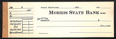 Pony Montana Morris State Bank 1920's Check Book - w/ 25 Unused Checks VGC