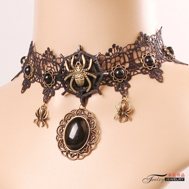 Vintage Victorian Gothic Steampunk Spider Web Choker Necklace Spider Choker