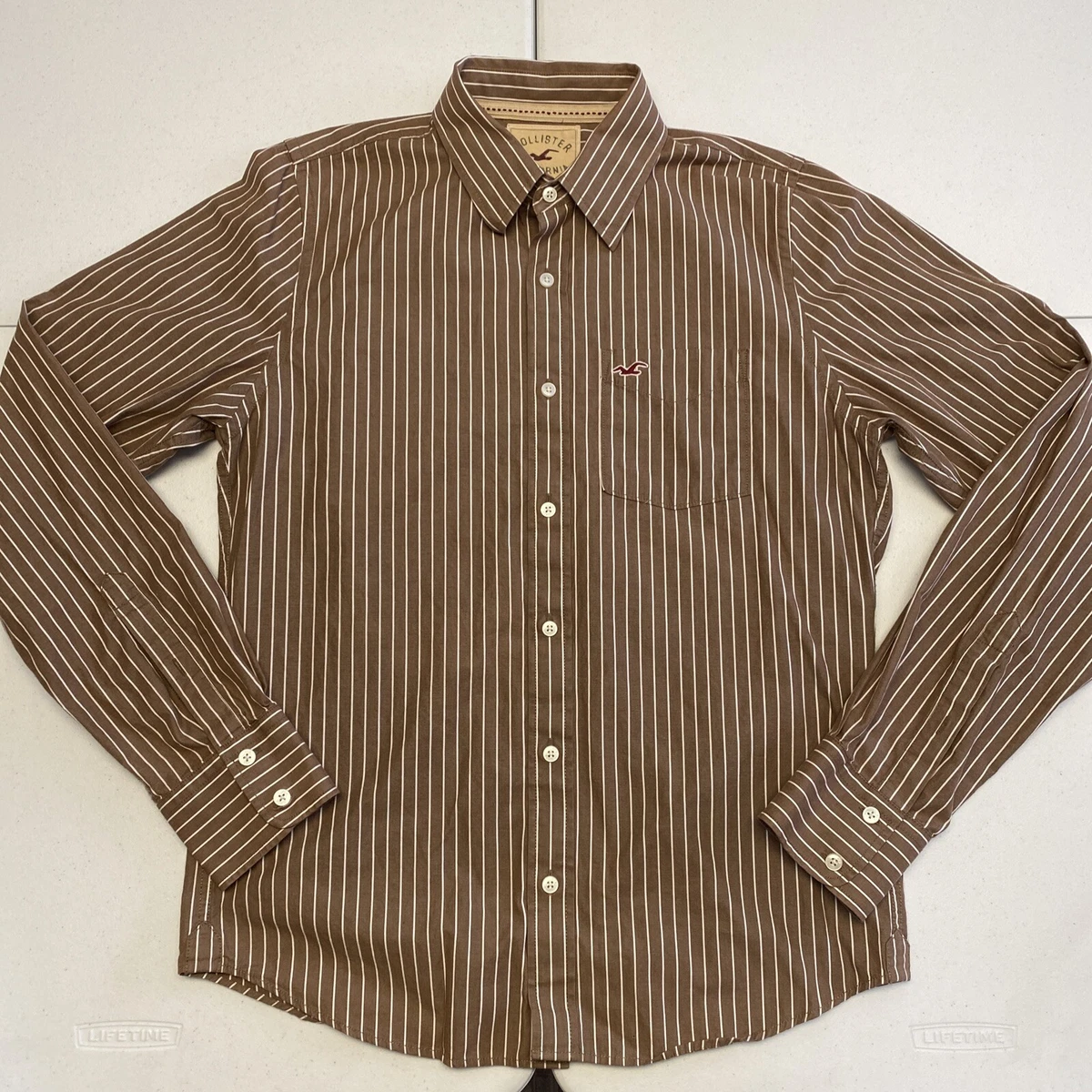 Hollister Men's Large Button Up Shirt Brown White Striped Long Sleeve