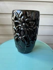 Vintage Royal Haeger Black Floral Glossy Ceramic Vase R652 7”