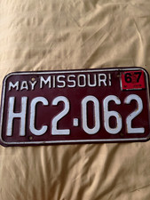 Missouri May 1967 License Plate Tag HC2-062 "May Missouri" with 67 Sticker
