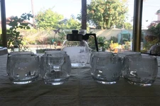 Vintage Nescafe Carafe Coffee Pot & 8 Cups World Globe Etched Glass