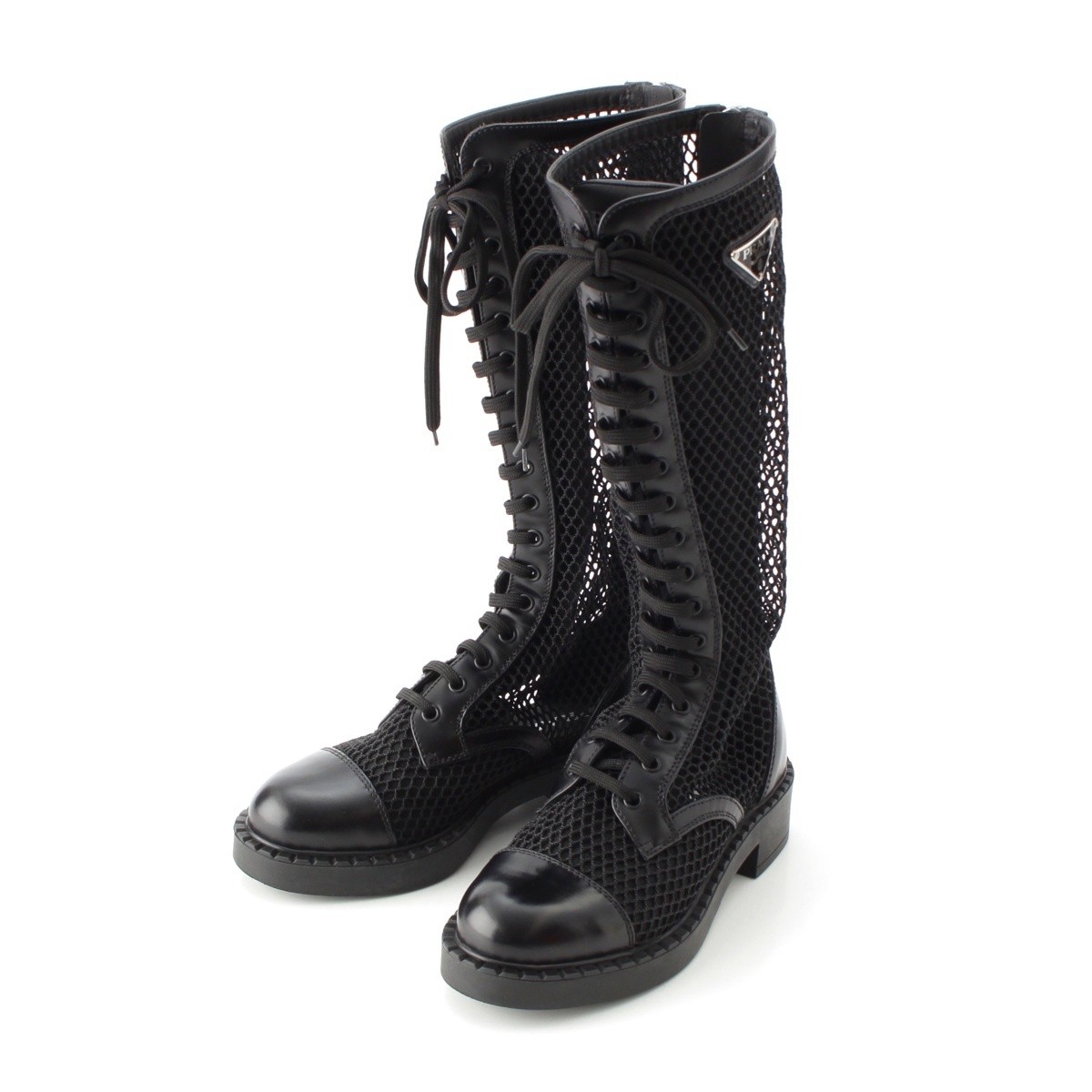PRADA Lace-up long boots with mesh and triangle logo boots 1W907M black 36