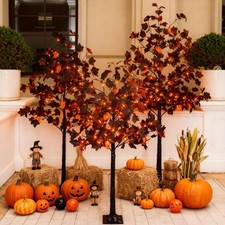 Halloween Decor Set: 4ft/5ft/6ft Black Maple Trees with 384 LED, 24 Skull Lig...