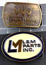 Baker Hughes & L&M Parts Inc. two Vintage Belt Buckles 1980s enameled Tools Ji