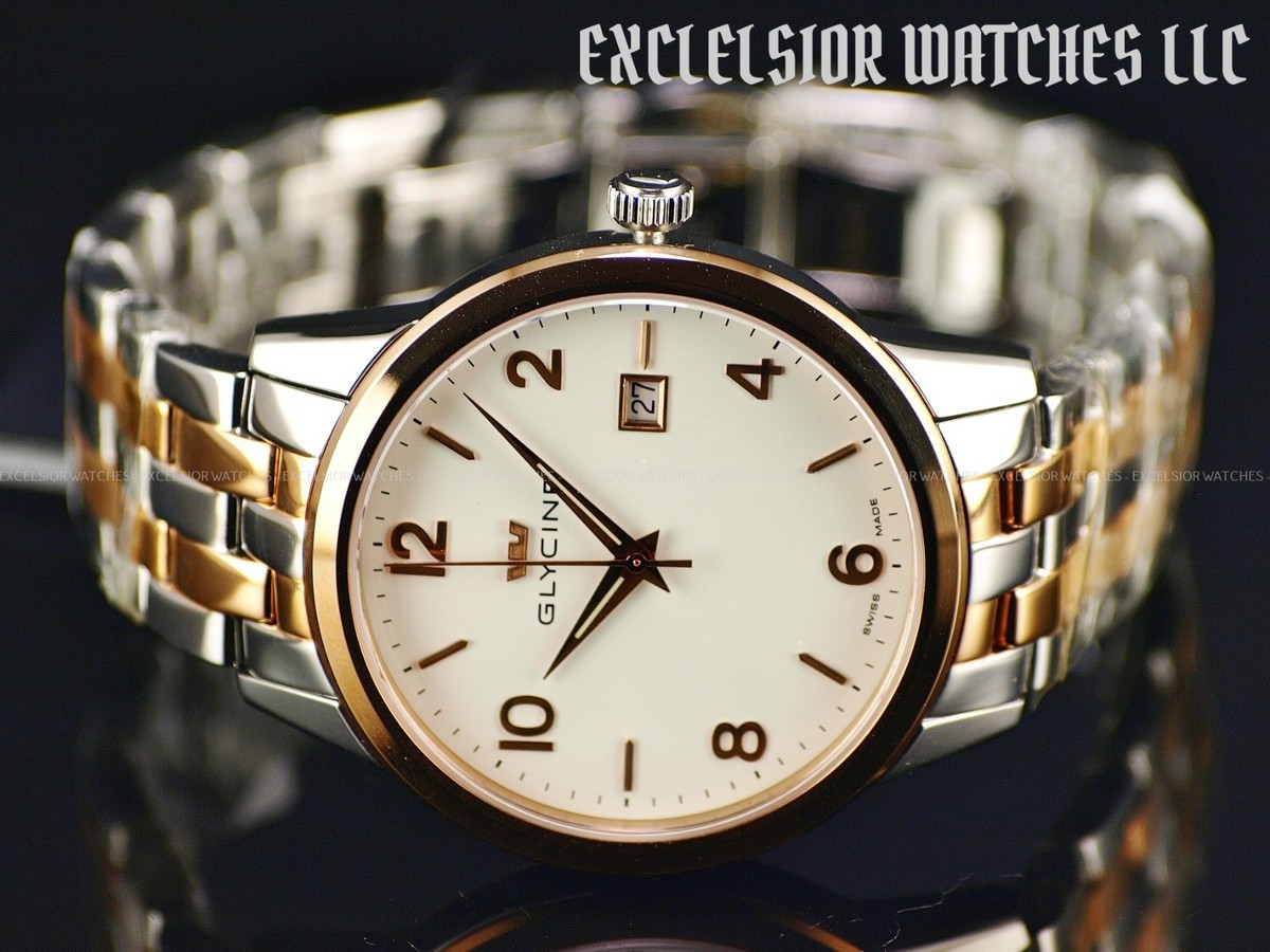 Rare New Glycine 40mm Swiss Made Quartz Two Tone White Dial 