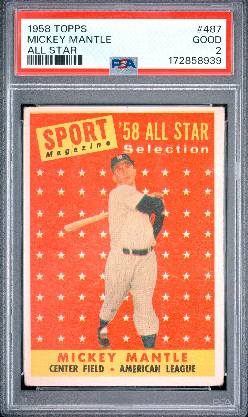 1958 TOPPS ALL STAR #487 MICKEY MANTLE PSA 2