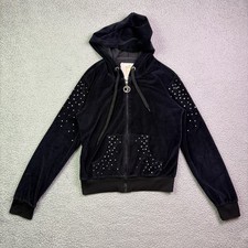 Y2K Juicy Couture Style Velour Hoodie Womens L Black Rhinestone Sweatshirt Zip