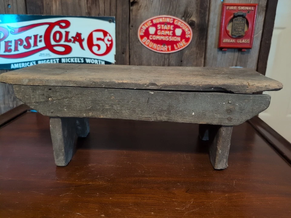 Primitive Handmade Small Farm House Wooden Stool / Bench 18" x 6 1/4" x 6 1/2" - Image 4 of 4