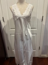 Women Lingerie Satin Nightgown Slip V Neck lace White Thin  Soft Sz L 52"x19" 