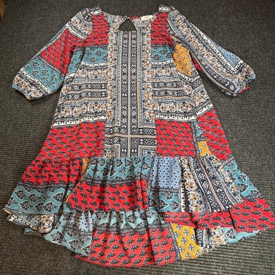 Hayden Los Angeles Patchwork Paisley Ruffle Shift Dress Red Blue Womens Medium