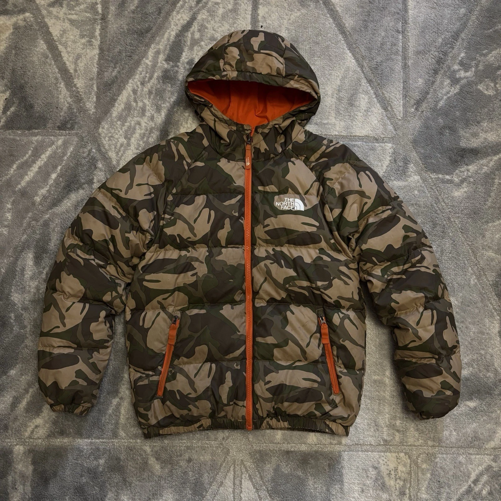 The North Face Down Puffer 550 Reversible Hooded Jacket Camo Winter Boys Size L