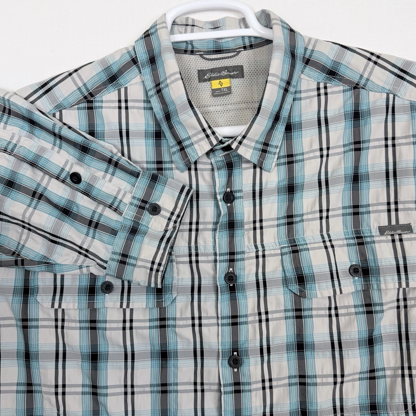 Eddie Bauer Travex Hiking Shirt Mens TXL Tall Plaid Blue White Roll Tab Outdoor