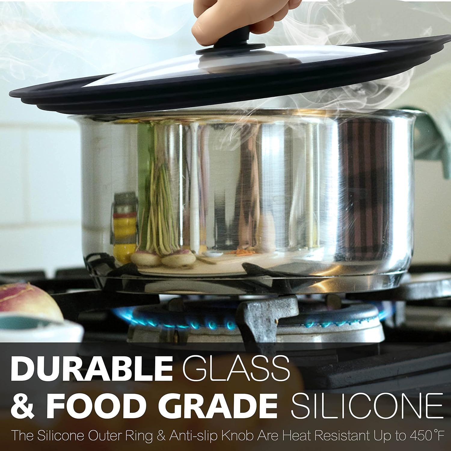 Silicone Universal Lid for Pots, Pans and Skillets - Tempered Glass Covered with
