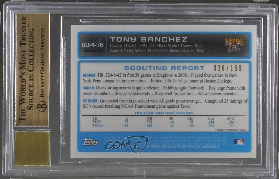 2009 Bowman Draft Prospects Chrome Blue Refractor Tony Sanchez BGS 9.5 GEM MINT - Image 2 of 2