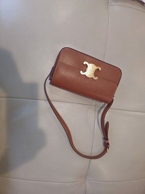 Authentic CELINE Claude Triomphe Shoulder Bag in Natural Calfskin Leather (Tan)