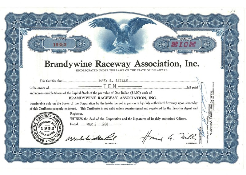 Brandywine Raceway Association Stock Certificate